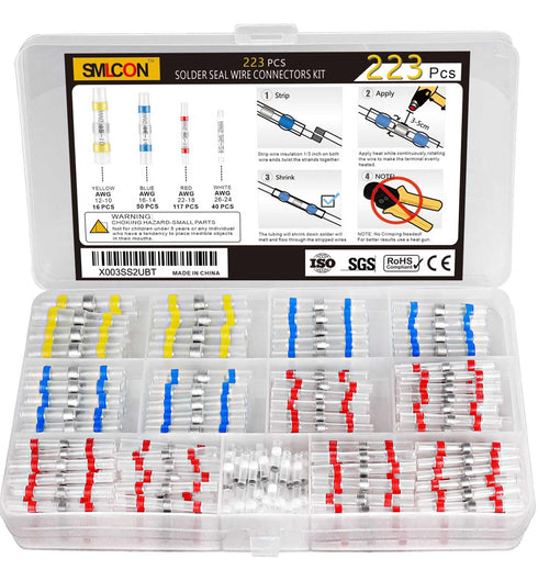 223 PCS Solder Seal Wire Connectors - Heat Shrink Wire Connectors Waterproof Solder Butt Connector Kit Insulated Terminals for Marine Automotive B...