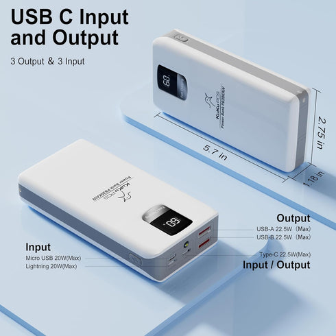 Portable Charger, 22.5W, 20000mAh, USB C, Power Bank, Fast Charging, LED Display Phone Charger, 3 Output 3 Input with Flash Light, High Capacity, ...