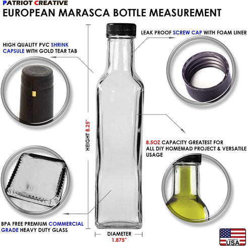 Quadra Bottles 8.5 Oz 15 Sets of Premium Commercial Grade Glass Square Bottle Leak Proof Airtight Plastic Screw Cap Lids Shrink Capsule - European...