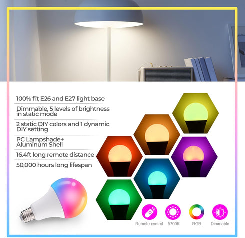 Dimmable E26 Warm LED Light Bulb, 6W RGBW Color 500LM with 16 Color Changing Modes for Christmas, Party etc with Remote Control 2 Pack...