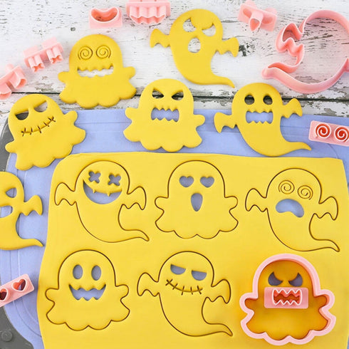 Halloween Cookie Cutter Set-10 pcs 3D Plastic Pressable Ghost Halloween Biscuit Cutters Set,Plastic Ghost Element Cookie Cutters Set for Kids-Grim...