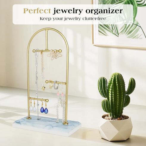 3 Tier Jewelry Rack Display Tower,Desktop Jewelry Display Stand,Jewelry Organizer for Necklaces, Earrings, Bracelets, Rings Holder?Gold Frame Whit...