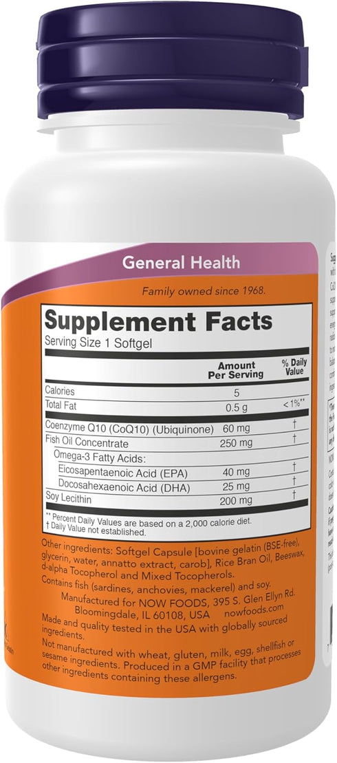 NOW Supplements, CoQ10 60 mg with Omega 3 Fish Oil, Cardiovascular Health*, 60 Softgels...