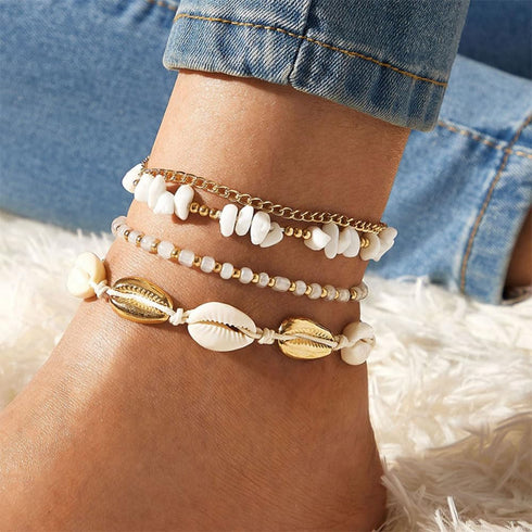 FUTIMELY Layered Gold Shell Ankle Bracelets Set for Women Teen Girls,Boho Dainty Handmade Seashell Gravel Bead Adjustable Gold Plated Anklet Set W...