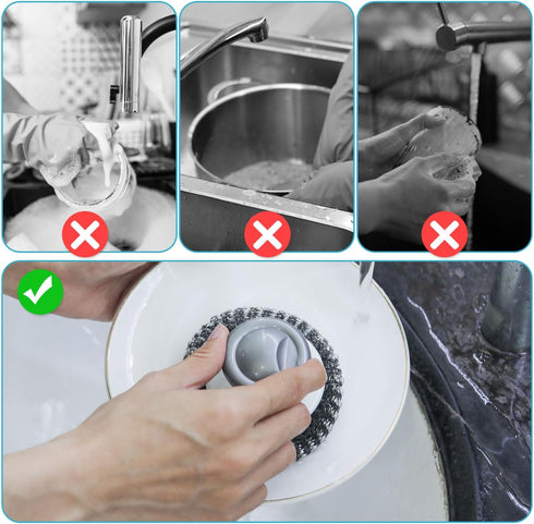 2 Pcs Steel Wool Scrubber with Handle, Heavy Duty Hand Pot Scrub Brush Stainless Steel Scouring Pad Steel Cleaning Kit, Easy to Remove Stains Kitc...
