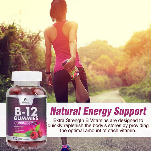 B12 Energy Gummy, Extra Strength 3000 mcg Vitamin B 12, B-12 Energy Metabolism & Immune System Support, Chewable Supplement for Adults & Kids, Caf...