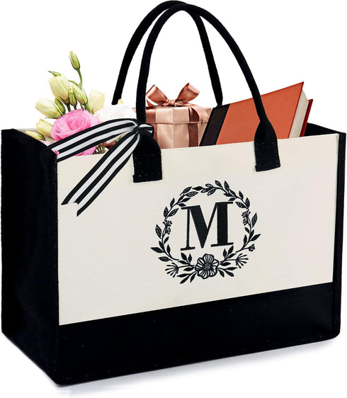 BeeGreen Monogram Initial Canvas Bag with Inner Zipper Pocket Embroidery Personalized Tote for Mom Teacher Friend...