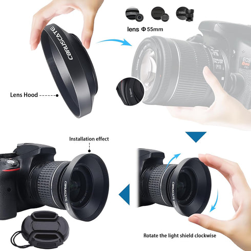 55mm Universal Metal Lens Hood,Wide Angle Lens Hood Compatible All 55mm Brands Camera Lens(and Easy to Install and Remove)+1pcs 55mm Lens Cap...