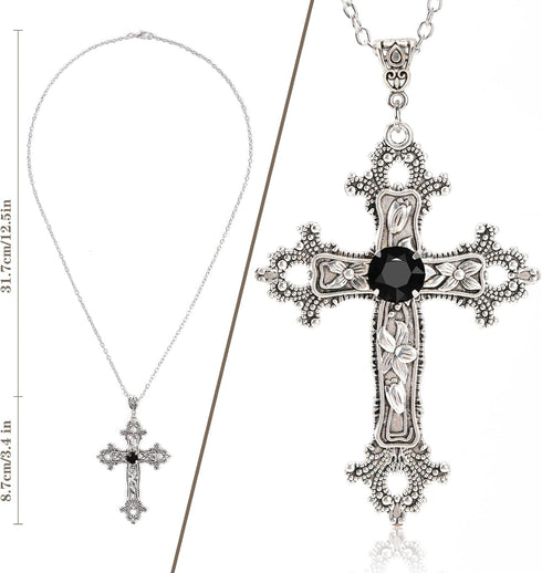 Gothic Cross Necklace Silver-Tone Pendant with Black or Red Glass Stone, on 25” Steel Chain, Cross Necklace for Women, Large Goth Silver Cross Nec...
