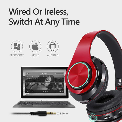Bluetooth Headphones Over Ear Headphones with Deep Bass LED Foldable Stereo Headphones, Wired and Wireless Headset for Smart Phone/TV/PC(Red/Black...