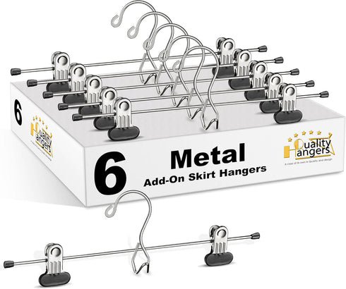 6 Quality Pants Hangers Heavy Duty Add-on Skirt/Slack Metal Hanger, Extra Wide Adjustable Clips, Multi Stackable Add on Hangers, Chrome, Jeans, Bo...