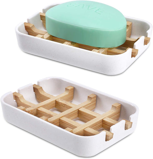 Bamboo Wooden Soap Dishes for Bathroom Bar Soap Holder Shower Soap Holder Sink Deck Bathtub Shower Tray (Two Pieces White)...