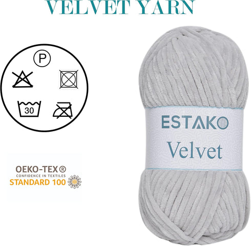 Estako Velvet Chenille Blanket amigurumi Yarn for Crocheting and Knitting Super Bulky 100 gr (132 yds) (1120 - Light Grey)...