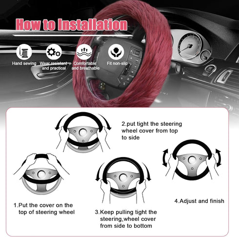 3pcs Fluffy Wine Red Steering Wheel Cover, Fashion Fuzzy Plush Car Steering Wheel Cover with Handbrake Cover & Gear Shift Cover Winter Fur Warm Ve...