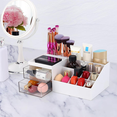 LETURE Desk Organizer, Cosmetic Makeup Vanity Organizer Box, Bathroom Counter Makeup Storage for Eyeshadows, Skin Care, Concealers, Powders, Nail ...