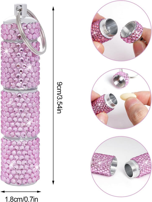 Bling Pill Case Pill Box Pill Organizers with Keychain Rhinestone Portable Pill Holder Waterproof Glitter Pill Storage Container for Indoor Outdoo...