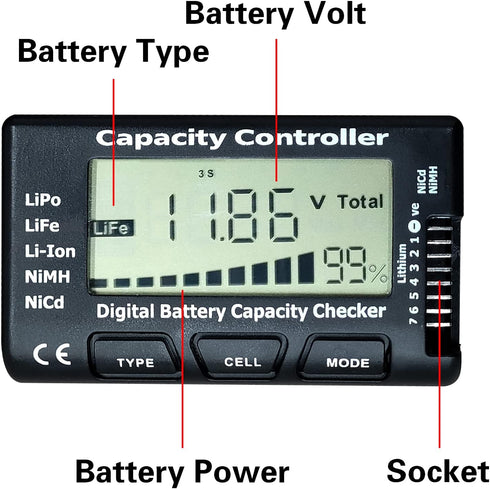 Battery Tester Digital Battery Capacity Checker Controller Tester Voltage Tester RC Cellmeter for LiPo/Life/Li-ion/NiCd/NiMH Battery Packs...