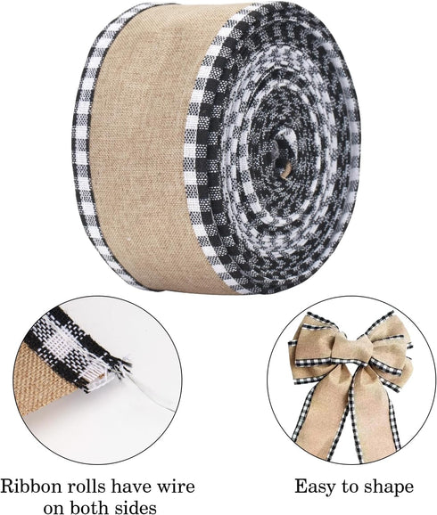 joycraft Buffalo Plaid Wired Edge Ribbons, Christmas Burlap Fabric Ribbon Roll with Checkered Edge, 2.5" x 11 Yds Burlap Ribbon for Christmas Part...