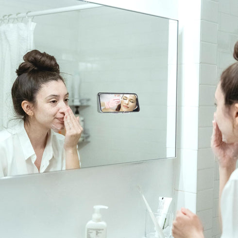 Daily Treasures 2Pcs Mirror Wall Phone Holder, Adhesive Wall Mount Cell Phone Stand Acrylic Phone Wall Mount for Bathroom Kitchen Shower Dorm Mirr...