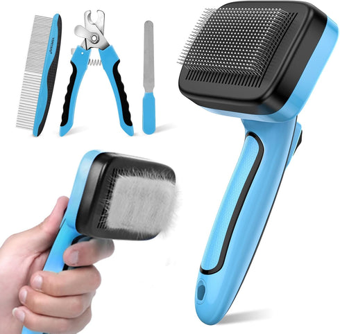 Dog Brush Kit for Shedding Short & Long Haired Cats, Self Cleaning Slicker Brush for Small Medium & Large Animals, Puppy. 4 in 1 Pet Grooming Set ...