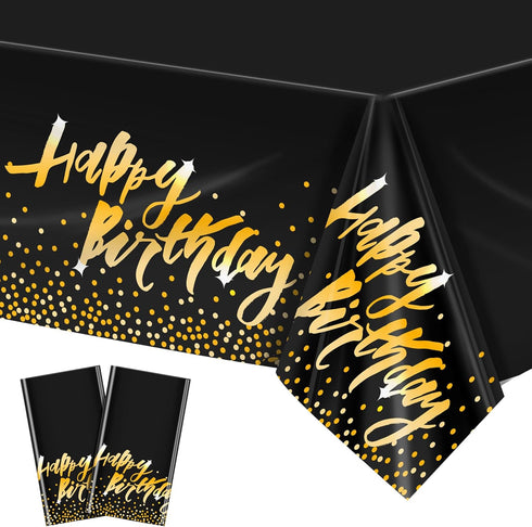 Aneco 2 Pack Happy Birthday Table Cloth Cover Black Gold Party Durable Tablecloth 54 x 108 Inches for Parties Birthdays Weddings...