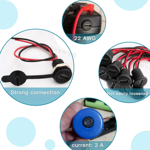 Type-C Female Chassis 2 Pin Wire 22 awg Waterproof Jack Connectors 3A USB C Pigtail Cable Extension Socket Plug (10Pcs) lkelyonewy...