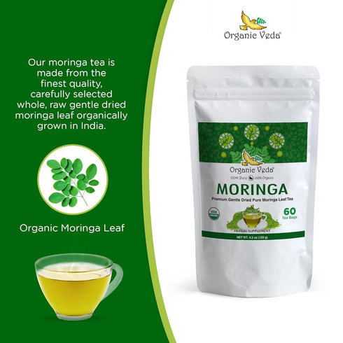 Organic Veda Moringa Tea Bags - 100% Pure Organically Grown Original Green Leaves Moringa Powder Rich in Vitamins, Amino Acids, Antioxidants - Veg...