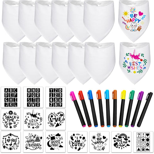 Jutom 38 Pcs DIY Baby Bibs Decorating Sets Includes 14 White Baby Bibs 10 Fabric Paint Markers 14 Stencils, 2 Ply Cotton Drool Bibs Plain Baby Sho...