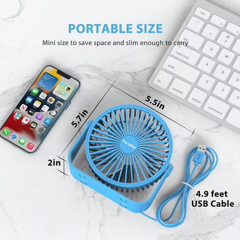FARADAY USB Desk Fans 5 Inches Portable Table Fans 360° Head Rotation Small Personal Desktop Fan for Home Office, 3 Speeds, Blue...