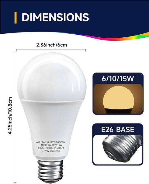 3 Way Light Bulbs 30 70 100W Equivalent Warm White 3000K, 3 Way LED Light Bulbs, Dimmable A19 LED Light Bulbs, Three Way LED Bulbs E26 Medium Base...