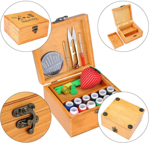 Sewing Kit, Wooden Sewing Kit Box for Adults, Wooden Sewing Basket with Accessories, Home Sewing Basket Stitching Repair Kit for Beginner, Women, ...