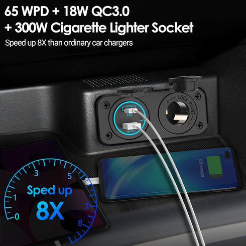 Cigarette Lighter Socket Outlet Qidoe 12V USB Outlet Car Charger Socket Panel 65W PD for Laptop & 18W QC3.0 Waterproof USB Power Outlet Adapter fo...