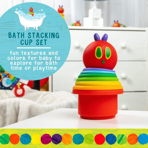 Kids Preferred World of Eric Carle The Very Hungry Caterpillar Bath Time Silicone Stacking Cup Set with Caterpillar Head Squirty Perfect for Water...