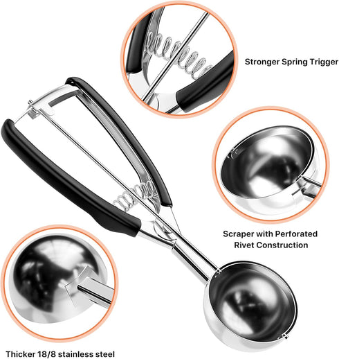 Cookie Scoop Set, Ice Cream Scooper, 18/8 Stainless Steel Cookie Dough Scoop with Trigger Release, 2 Tbsp/ 30 ml/ 1 oz Thickened Cookie Scoops for...