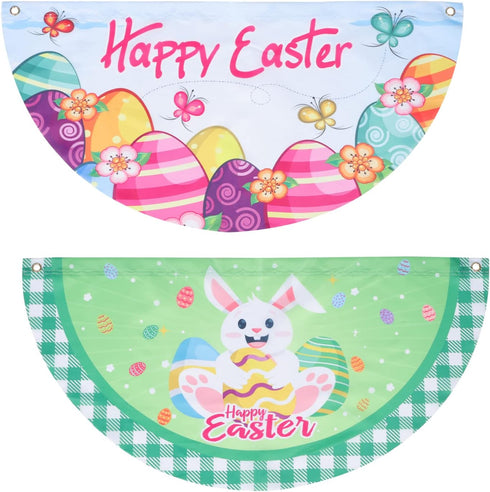 PRETYZOOM 2 Pcs Easter Fan Flags Half Fan Banner Decoration Happy Easter Cartoon Rabbit Eggs Semi-Circular Flags Decorations Bunting for Outdoor F...