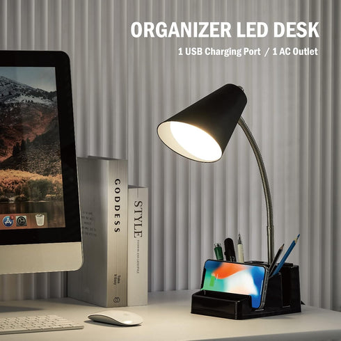 LED Desk Lamp with 1 USB Charging Port and 1 AC Outlet, Organizer Base, Adjustable Neck, On/Off Switch, Modern Table Lamp for Reading, Working, St...