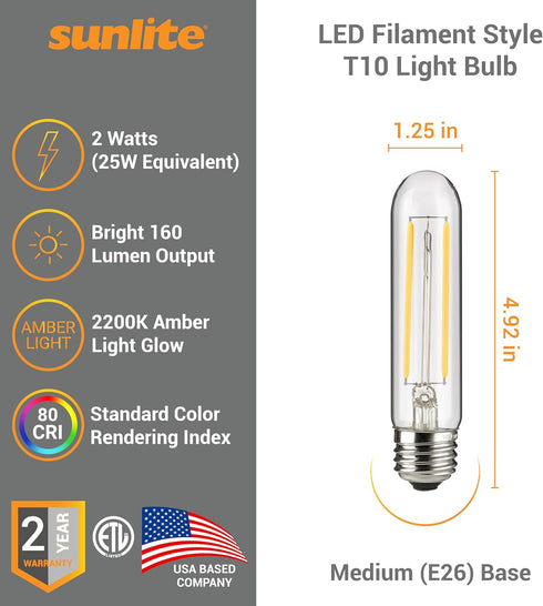 Sunlite LED Vintage T10 2W Light Bulb Medium (E26) Base, Warm White...