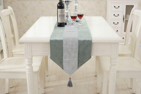 HeMiaor 33x180cm Diamante Strip and Tassels Table Runner with Sequin for Spring Wedding Birthday Baby Shower Romantic Date(Bluish Grey, 13"x72")...