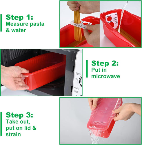 Potahouse® Microwave Pasta Cooker with Strainer Lid, Quick Cooking in 10-15 Min Spaghetti Cooker Microwave Steamer for Dorm Kitchen Offices Colleg...