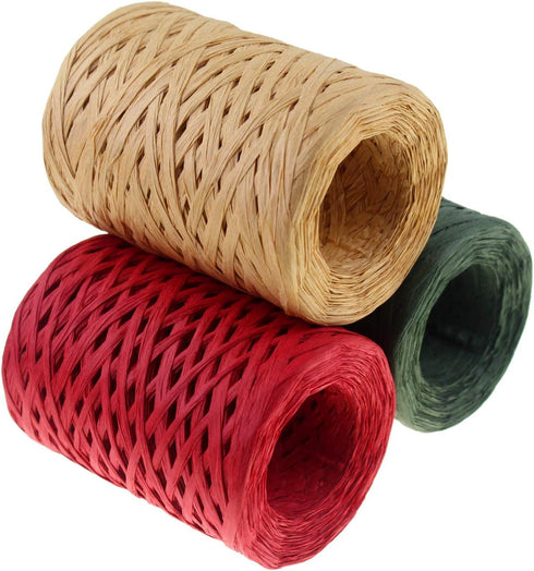 CREATRILL Raffia Ribbon Red Green Natural 3 Rolls 1080 Feet, 360 Feet Each Roll, Paper Twine Wrapping Ribbon for Christmas...