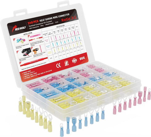 RED WOLF 240PC Heat Shrink Wire Connector Butt Kit, Insulated Crimp Connectors Ring Fork Spade Crimp Terminal to Joint Splice Cable for Automotive...