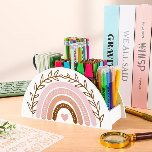 Back to School Rainbow Pencil Pen Holder Boho White Pink Wooden Pen Organizer Desktop Pen Container for Makeup Brushes Crayon Office Student Teach...