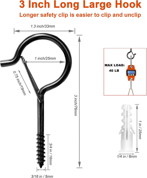 PlusRoc 20 Pack Large 3 Inch Q-Hanger Hooks for Hanging Outdoor String Lights Plants, Black Cup Hooks Screw in Eye Hooks wood Fence Wall Mount Cei...