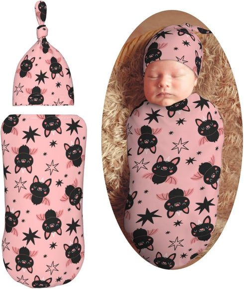 Halloween Cute Cartoon Bat Newborn Swaddle Blanket with Beanie Set Soft Baby Sleep Sack Stretch Adjustable Swaddle Wraps Receiving Blankets...