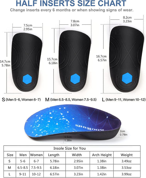 RooRuns Plantar Fasciitis 3/4 Length Insoles for Men Women, High Arch Support Orthotic Shoe Inserts for Work Boots, Flat Feet, Over-Pronation, Sup...