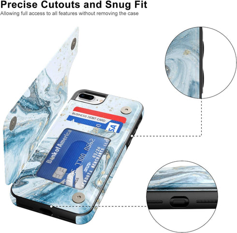 LETO for iPhone 8 Plus Case,iPhone 7 Plus Case,Flip Folio Leather Wallet Case Cover with Opal Blue Marble Designs for Girls Women,Card Slots,Prote...