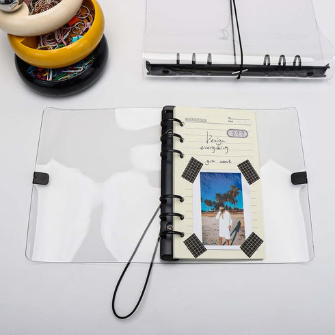 Clear A6 Binder with Elastic Band, 6 Black Rings Journal Planner Clear Budget Binder Thick PVC Notebook Cover Folder for 6 Holes A6 Grid Paper Ref...