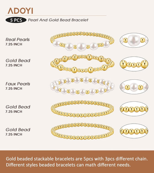 adoyi Gold Bracelets for Women Beaded Bracelet 14K Gold Plated Bracelet Stack Strand Stretch Bead Ball Bracelet Set Stackable Bracelet Adjustable ...