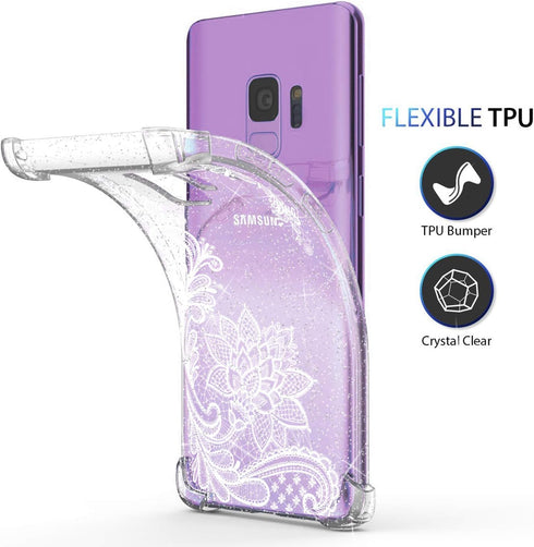 KIOMY Clear Case for Samsung Galaxy S9, Airbags Corners Shockproof Bumper Protective Cover Hybrid Design Hard PC Back + Flexible TPU Frame Lace Fl...