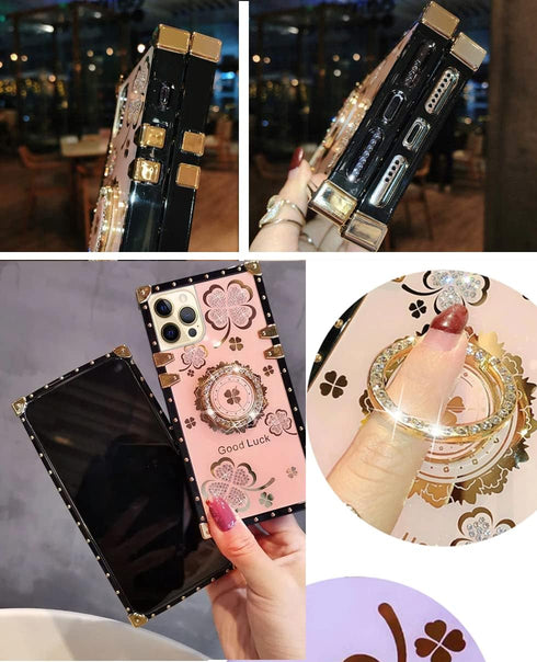 for iPhone 12 Pro Max 6.7" Bling Case Luxury Cute Shine Sparkly Glitter Diamond Rhinestone Flower Soft Trunk Phone Cover with Ring Kickstand Holde...